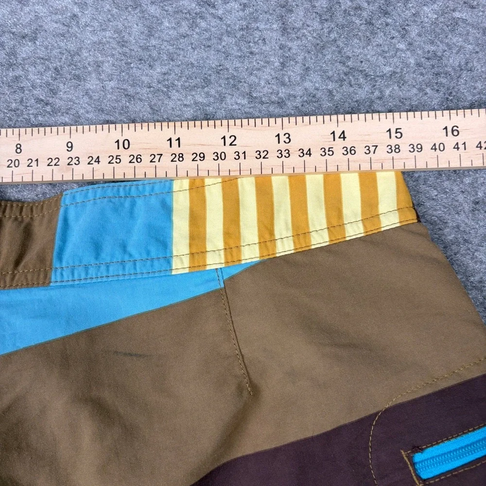Patagonia Board Shorts Mens 32‎ Brown Blue Yellow Striped Swim Trunks Beach Surf